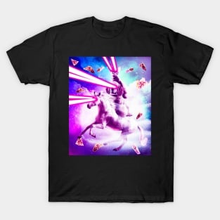 Laser Eyes Space Cat Riding Dog, Unicorn - Rainbow T-Shirt